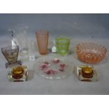 A collection of early to mid 20th century glass to include a smokey glass vase with applied brass