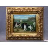 An oil on panel of two dogs playing with a ball with river to background, in gilt frame, 19 x 24.5cm