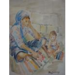 Rika Schwimmer (Israeli), Motherhood, watercolour, signed, framed and glazed, 85 x 67 cm
