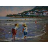 20th century school, 'Playing at the Beach', oil on canvas, monogrammed 'IZ', dated 1997 to verso,