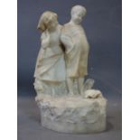 Ferdinando Vichi, Italian, (1875-1945), alabaster sculpture of a boy and girl looking at a cat,