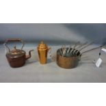 A graduated set of copper saucepans together with a copper tea pot and cocktail shaker