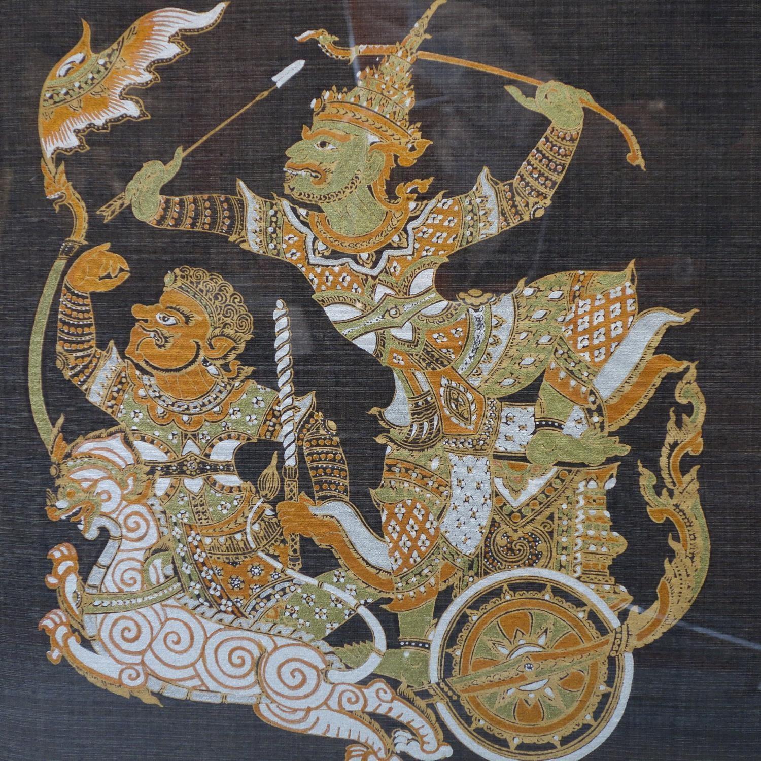 Contemporary Thai artist, warrior on a chariot (Dwarapala?), gutta pigments on bue silk, framed