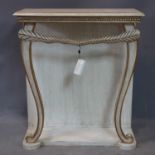 A French console table with cabriole legs on a stone effect plinth and back. H89cm, W71cm, D31cm.