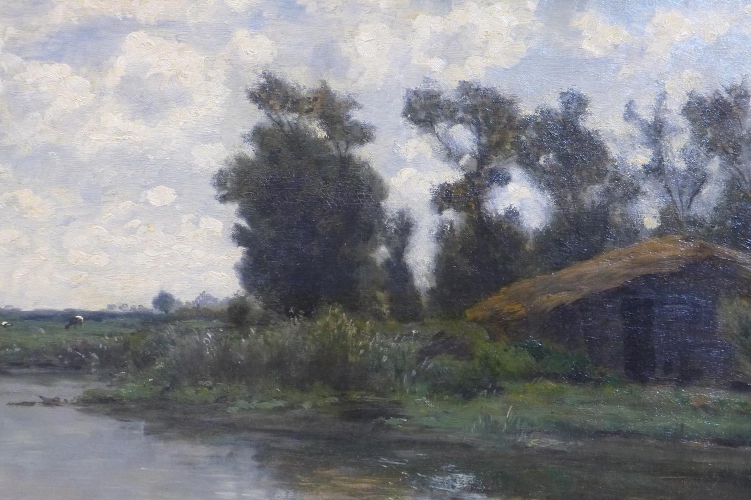 Attributed to Willem Roelofs (1822-1897), Cows grazing by a river in Dutch countryside, oil on