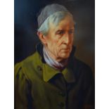 Portrait of an elderly man wearing green coat, pink scarf and grey cap with tassel, oil on panel,