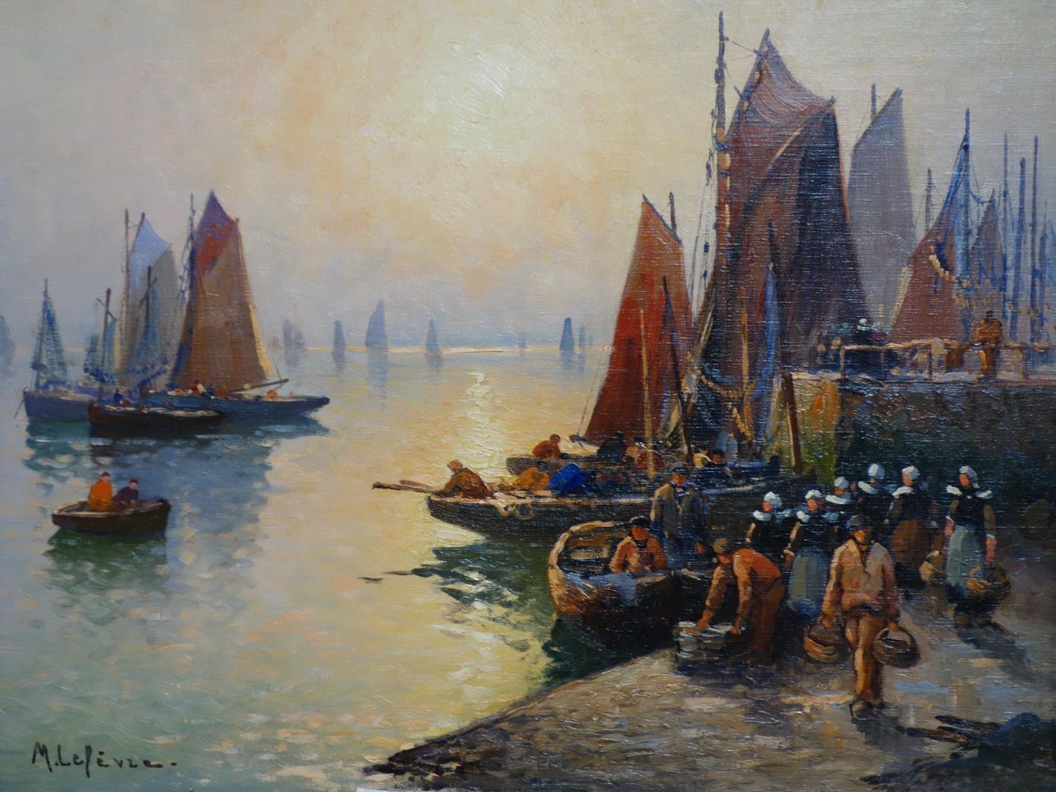 Marie Lefevre (French, 1840-?), Brittany dock scene with boats returning from fishing, oil on