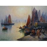 Marie Lefevre (French, 1840-?), Brittany dock scene with boats returning from fishing, oil on