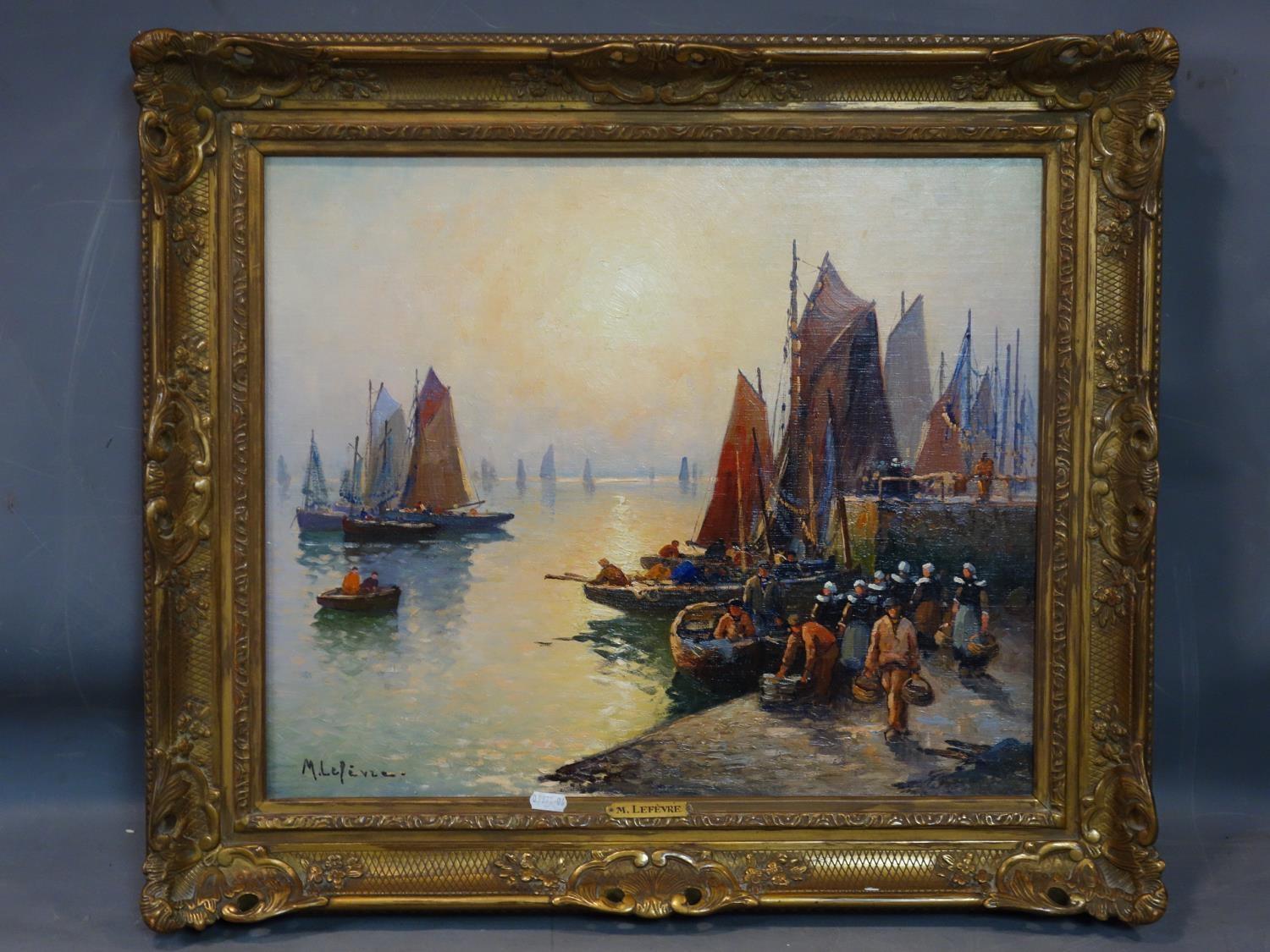 Marie Lefevre (French, 1840-?), Brittany dock scene with boats returning from fishing, oil on - Image 2 of 5