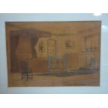 An early 20th century pencil and gouache study of a bedroom scene, signed Paul Braddon, set in maple