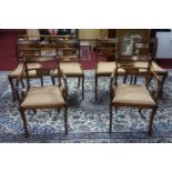 A set of 6 Regency style mahogany dining chairs with brass inlay, to include 2 scroll arm carvers