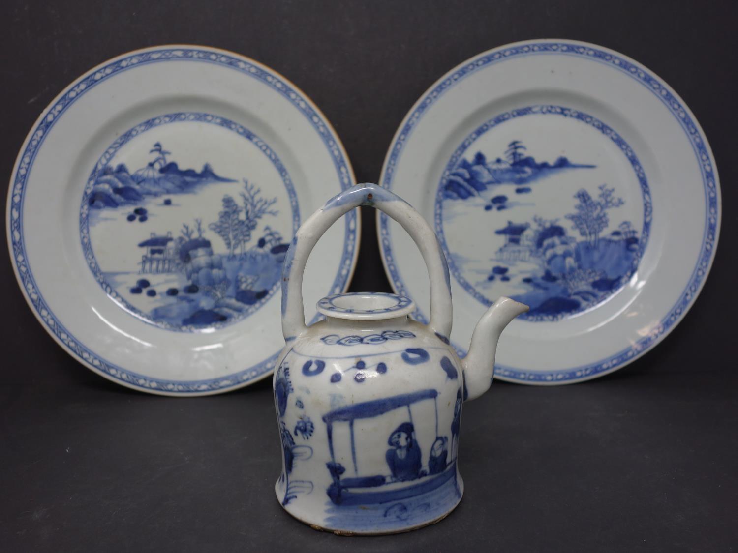 A pair of 19th century Chinese blue and white porcelain plates together with a 19th century