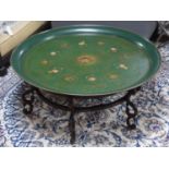 A large 20th century green toleware tray on hardwood stand, H.41 D.104cm
