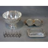 A collection of silver plated ware, to include a large bowl with grape vine rim and stepped circular