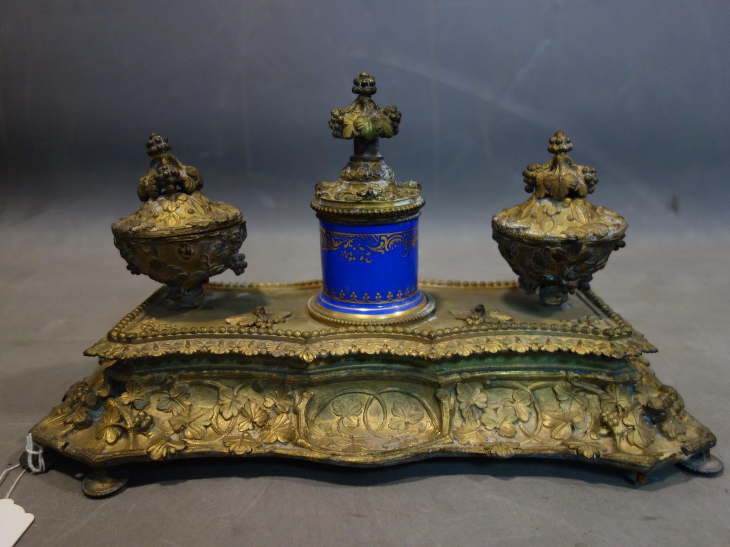 A 19th century French ormolu ink desk stand, with central porcelain pot and applied animals, H.20 - Image 5 of 5