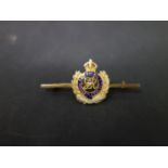 A 9ct gold and enamel Royal Engineers sweetheart pin, with George V crest, in box marked
