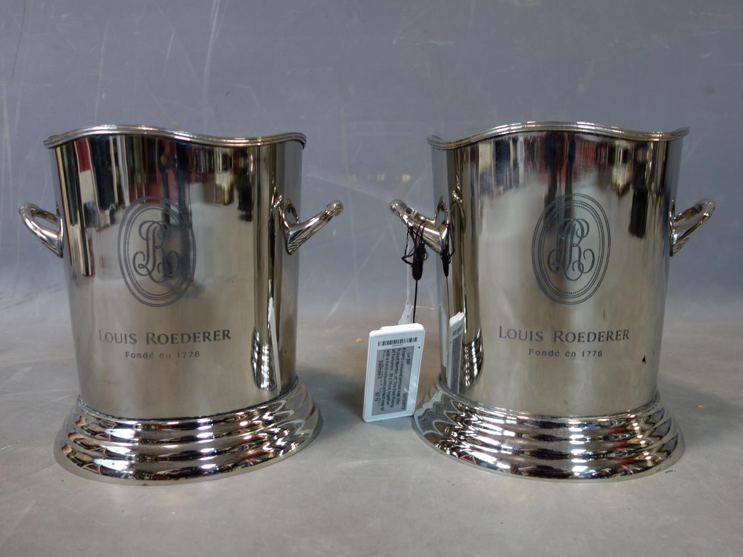 Two silver plated champagne buckets, marked Louis Roederer, H.23 W.26cm