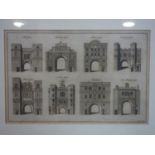 An architectural engraving of London Gates, engraved by B. Cole, framed and glazed, 23 x 36cm