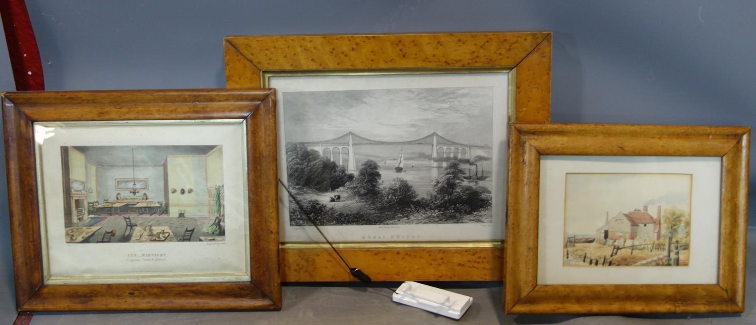 Three maple framed pictures to include a Victorian watercolour and 2 prints