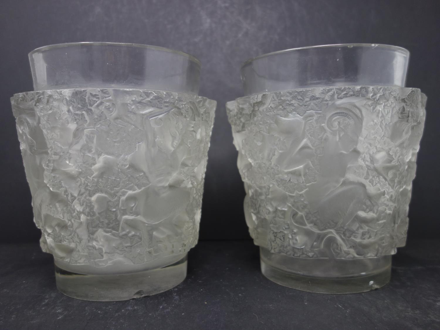 A pair of Rene Lalique 'Bacchus' frosted glass vases, minor chips on both, H.18 D.16cm - Bild 2 aus 4