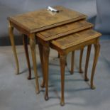 An early 20th century burr walnut nest of 3 tables, H.56 W.53 D.39cm