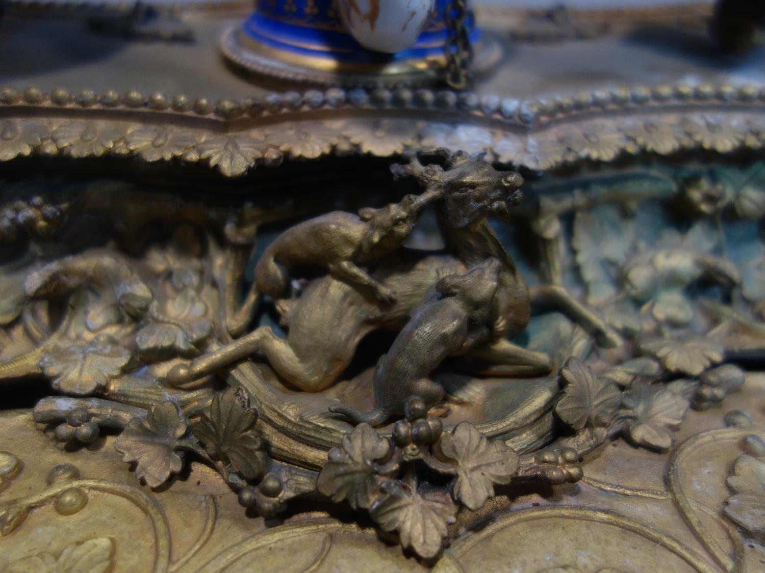 A 19th century French ormolu ink desk stand, with central porcelain pot and applied animals, H.20 - Image 2 of 5