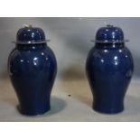 A pair of Chinese blue glazed temple jars and covers, H.53cm