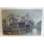 A mid 20th century, oil on canvas of a Venetian canal scene with basilica to background, unsigned,