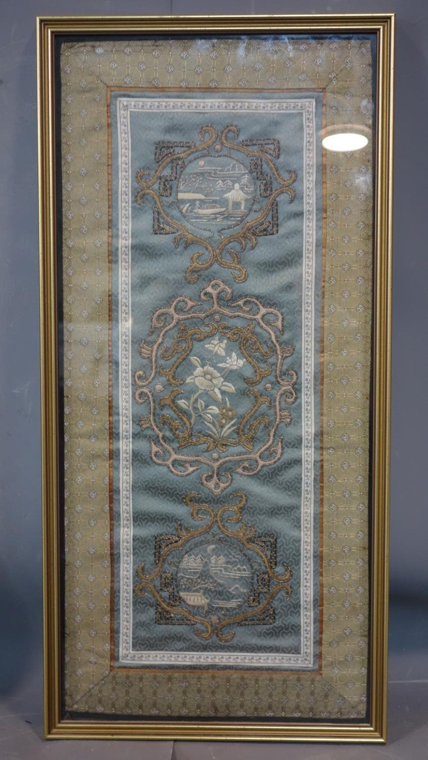 A Chinese embroidered grey green silk panel of a central peony motif and two landscape motifs either - Image 2 of 2