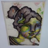 A contemporary ink portrait of a girl over a printed map of Europe, 30 x 23cm