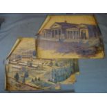 A pair of large ink and watercolour drawings on parchment scrolls depicting domestic scenes, early