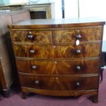 A 19th century figured mahogany bowfronted chest of two short over three long graduated drawers, H.