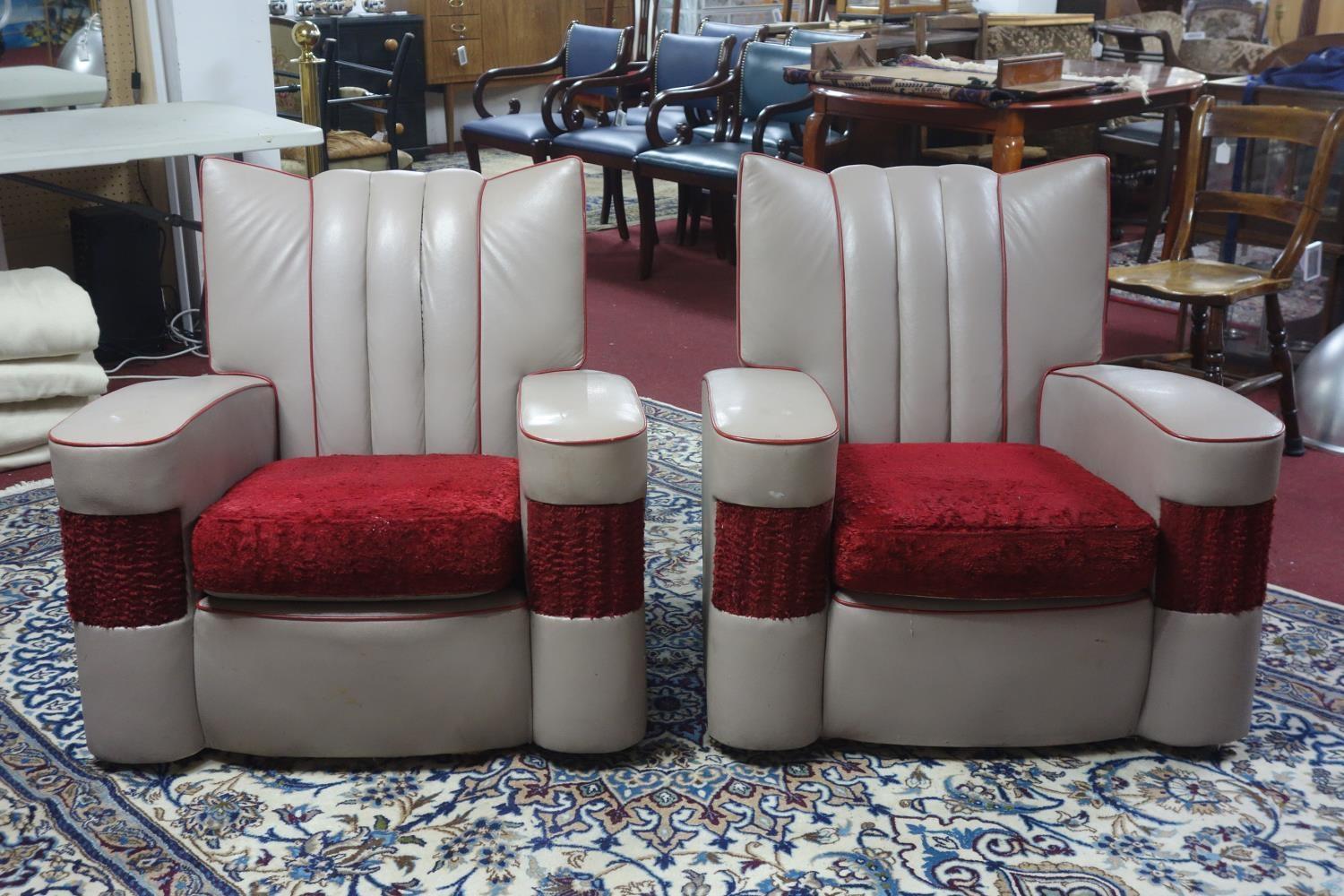 A pair of Art Deco grey and red armchairs, H.82 W.86 D.77cm