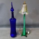 A 20th century glass lamp together with a blue glass apothecary bottle and stopper