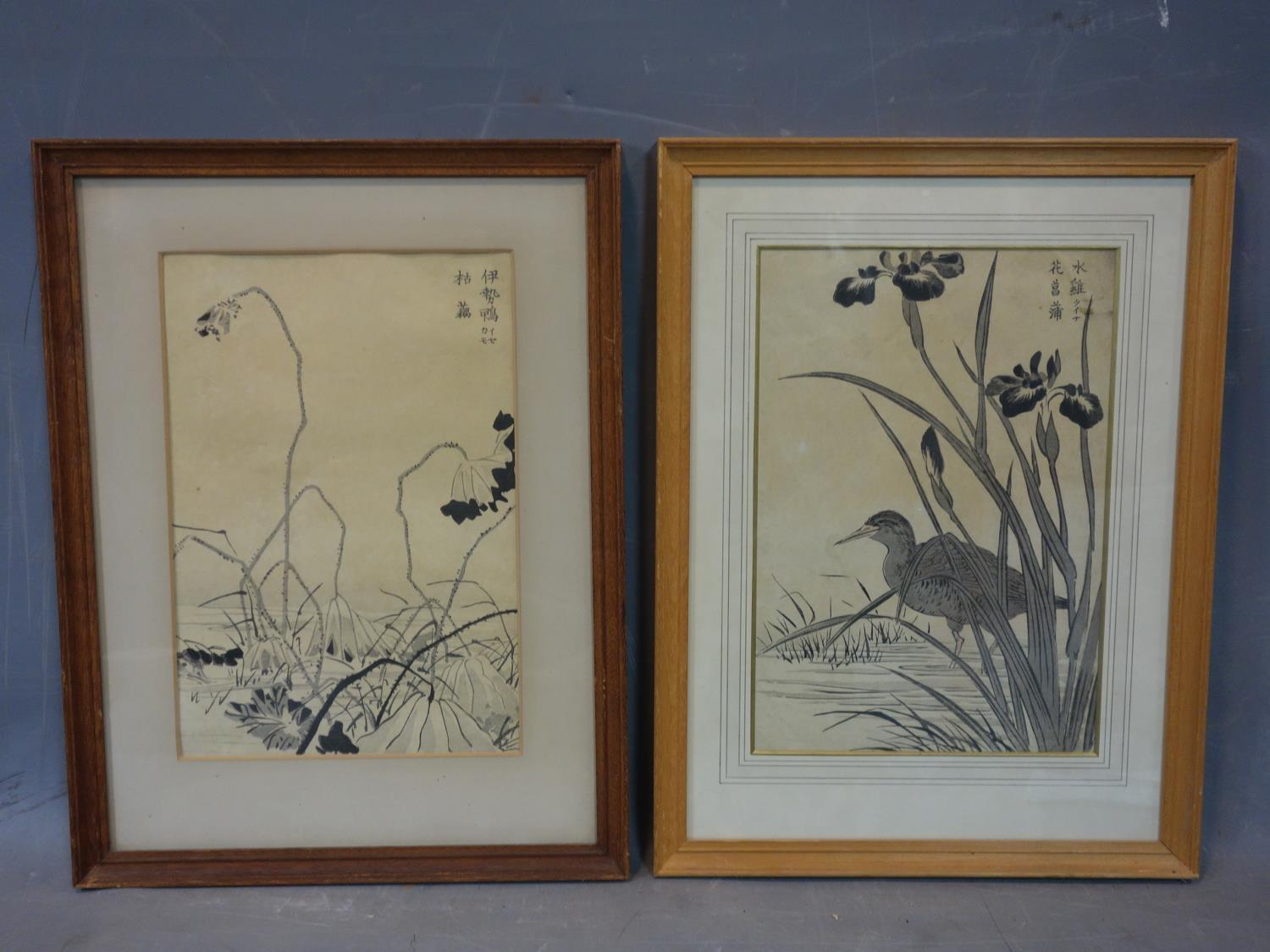 A pair of Chinese woodblock prints representing a pond heron and a lotus leaves, 19th century,