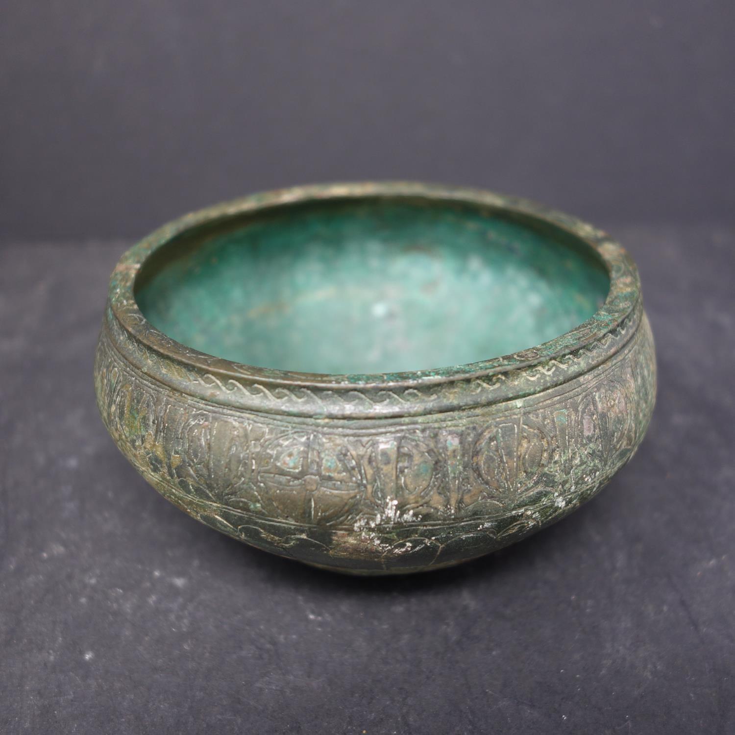 Two Islamic Khorasan bronze calligraphic bowls, Persia, each H.7, diam. 6 cm, 10th- 12th century AD - Image 2 of 3