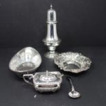 A collection of silver, to include a sugar caster, Birmingham 1911, makers mark GMC, H.20.5cm; a