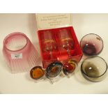 A COLLECTION OF GLASSWARE TO INCLUDE PAPERWEIGHTS, LIGHT SHADE ETC