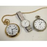 A VINTAGE ERIC BROGDALE POCKET WATCH A/F TOGETHER WITH A MODERN EXAMPLE AND AN EBEL WRISTWATCH