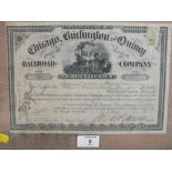 A FRAMED AND GLAZED CHICAGO, BURLINGTON AND QUINCY RAILROAD COMPANY CERTIFICATE OF SHARES $100