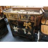 A PAINTED ORIENTAL TWO DRAW SIDE UNIT WITH FIGURATIVE DETAIL