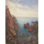 AN UNFRAMED OIL ON BOARD UNSIGNED ITALIAN STYLE ROCKY COASTAL SCENE INSCRIBED VERSO