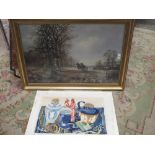 AN UNFRAMED WATERCOLOUR ON PAPER DEPICTING A STILL LIFE SCENE TOGETHER WITH A GILT FRAMED PRINT