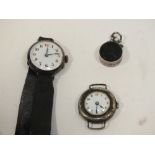 TWO SILVER WRISTWATCHES TOGETHER WITH AN EQUESTRIAN INTEREST SILVER FOB A/F