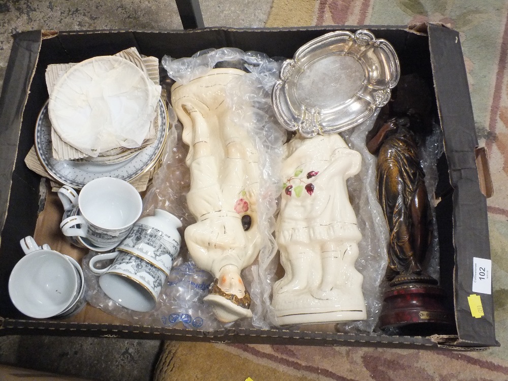 A TRAY OF CERAMICS AND METALWARE ETC. TO INCLUDE A SPELTER STYLE FIGURE, STAFFORDSHIRE STYLE