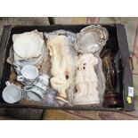 A TRAY OF CERAMICS AND METALWARE ETC. TO INCLUDE A SPELTER STYLE FIGURE, STAFFORDSHIRE STYLE