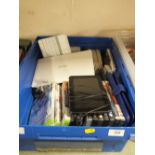 A SMALL TRAY OF ELECTRICALS AND GAMES ETC. TO INCLUDE AN ASUS LAPTOP, TABLET ETC.