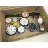 A BOX OF WATCHES AND COLLECTABLES TO INCLUDE A SILVER FOB WATCH, TWO HALLMARKED SILVER POCKET