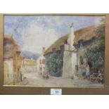 A FRAMED AND GLAZED WATERCOLOUR DEPICTING A RUSTIC VILLAGE SCENE WITH FIGURES SIGNED W HARFORD