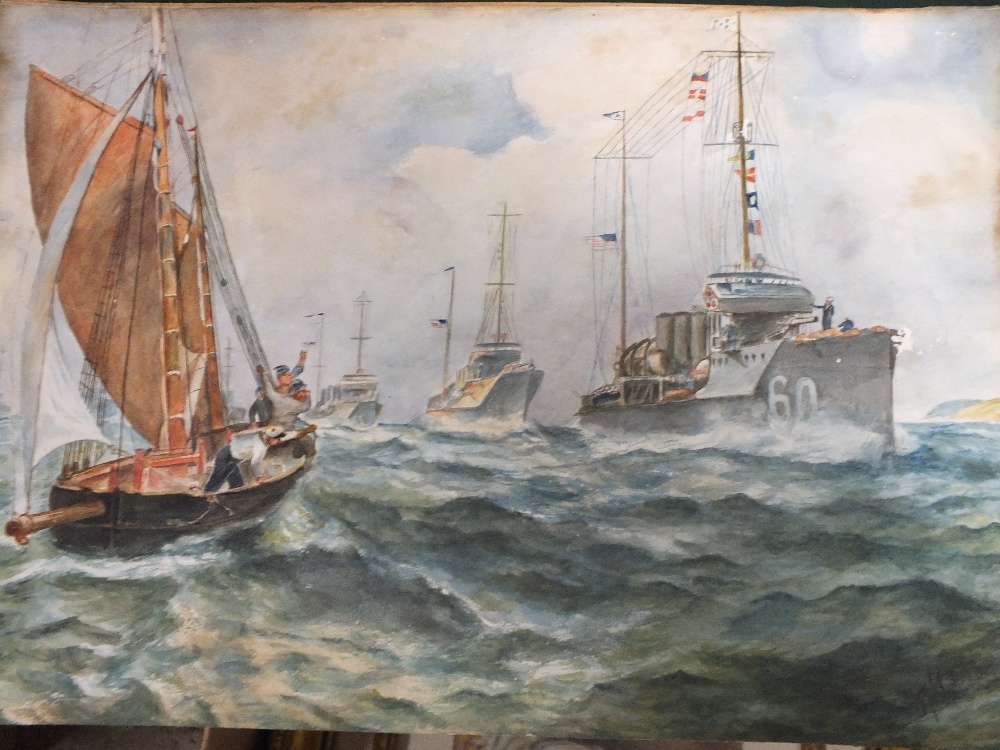 AN UNFRAMED WATERCOLOUR ON BOARD DEPICTING MINESWEEPER SHIPS INDISTINCTLY SIGNED LOWER RIGHT